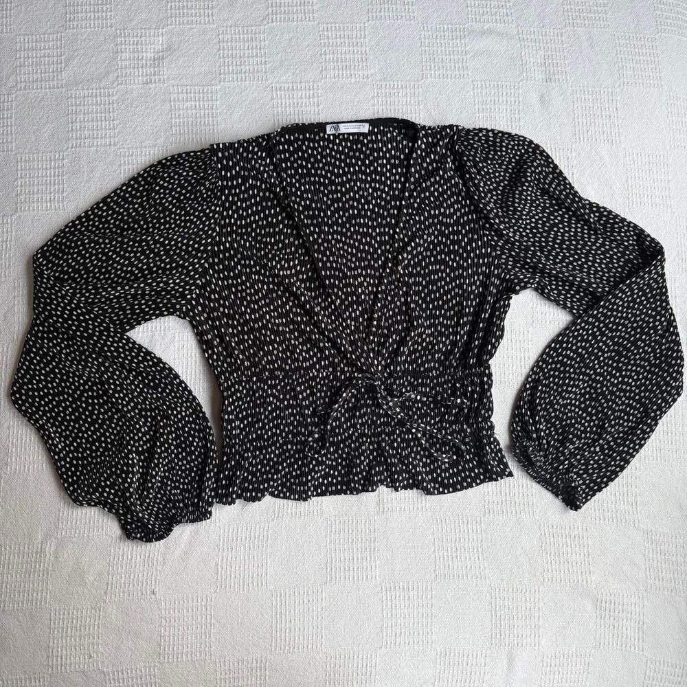 Zara black blouse with white polka dots, size S